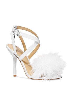 Michael Kors Michael  Women's Whitby Feather Trim High Heel Sandals In Optic White