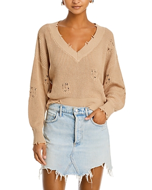 Ser.o.ya Syd Distressed Cotton V Neck Sweater In Tan