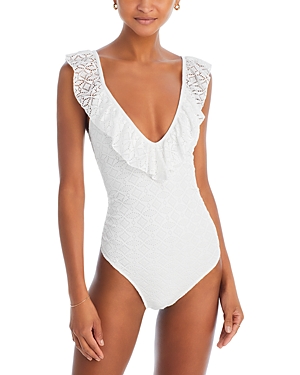 Ramy Brook Tinsley Lace Ruffle Trim One Piece Swimsuit In White Print