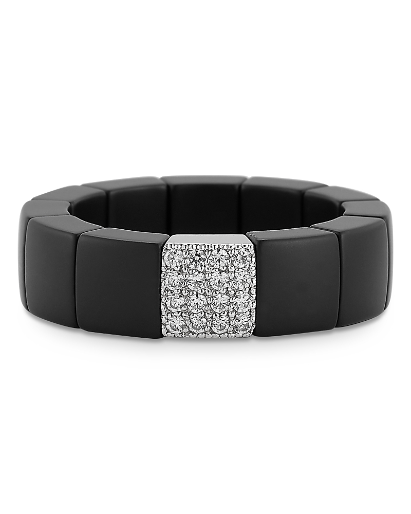Roberto Demeglio White Gold And Matte Black Ceramic Scacco Stretch Ring With One Diamond Section In Black/white