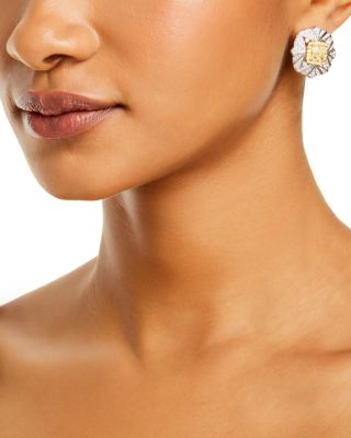 Yellow & White Diamond Vintage Look Halo Stud Earrings in 14K Yellow & White Gold, 3.90 tcw