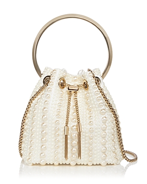 Jimmy Choo Bon Bon Imitation Pearl Embellished Bucket Bag In Ivory/light Gold