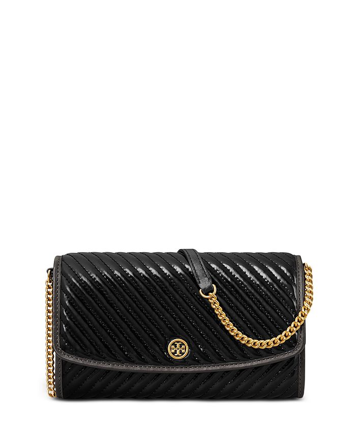 Tory Burch Robinson Patent Quilted Chain Wallet In Black/gold