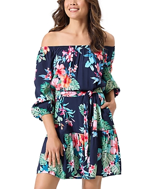 Shop Tommy Bahama Flora Off The Shoulder Cover Up Dress In Mare Navy