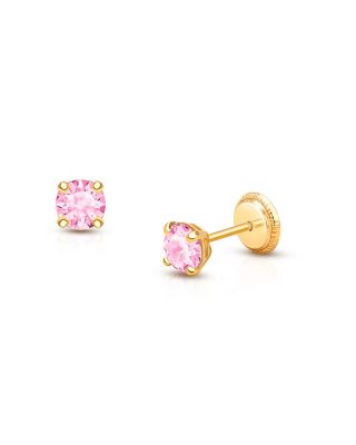 Tiny Blessings Girls' 14K Gold 4mm Pink Round Cut Studs Screw Back Earrings - Baby, Little Kid, Big Kid