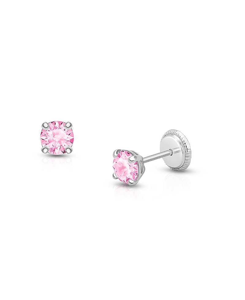 Tiny Blessings Girls' 14k Gold 4mm Pink Round Cut Studs Screw Back Earrings - Baby, Little Kid, Big Kid In K White Gold