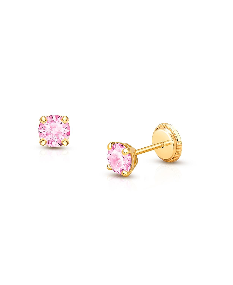 Tiny Blessings Girls' 14k Gold 4mm Pink Round Cut Studs Screw Back Earrings - Baby, Little Kid, Big Kid In K Yellow Gold