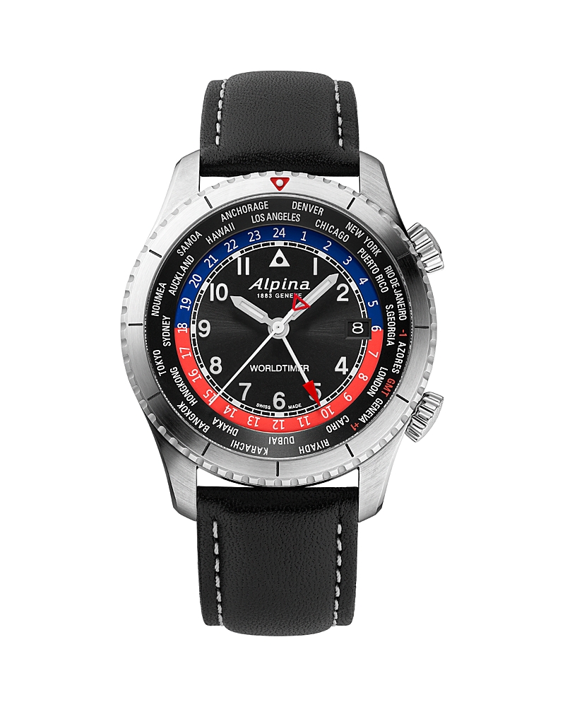Alpina Men's Swiss Startimer Pilot Black Leather Strap Watch 41mm In Black
