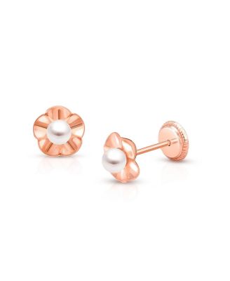  Girls' 14K Gold Ruffled Petals with Cultured Pearl Studs Screw Back Earrings - Children