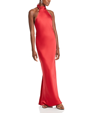 Ramy Brook Tatiana Low-cut Halter Column Gown In Soiree Red