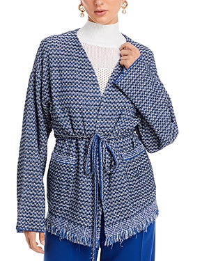 Misook Tie-waist Fringe-trim Intarsia Knit Tweed Jacket In Oceanic/white