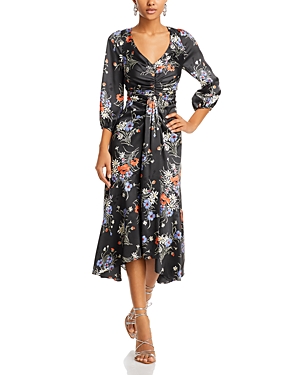 Cinq À Sept Walker Puff-sleeve Floral Midi Dress In Obsidian Multi