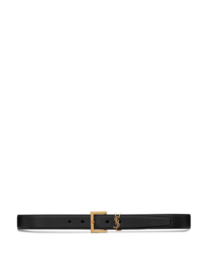 Saint Laurent Cassandre Belt with Square Buckle in Shiny Box Saint Laurent Leather in Black