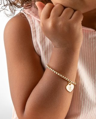  Girls' 14K Gold 3mm Beads & Diamond Initial 5.25" Bracelet - Children