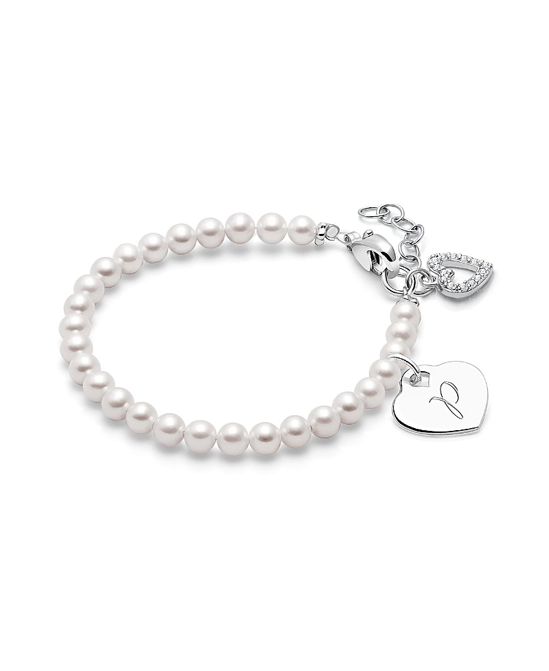 TINY BLESSINGS GIRLS STERLING SILVER 4MM CULTURED PEARLS & ENGRAVED INITIAL 6.25" BRACELET - CHILDREN