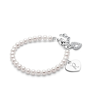 Tiny Blessings Girls' Sterling Silver 4mm Cultured Pearls & Engraved Initial 6.25 Bracelet - Baby, Little Kid, Big In Silver - R