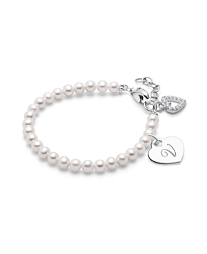 Tiny Blessings Girls' Sterling Silver 4mm Cultured Pearls & Engraved Initial 6.25 Bracelet - Baby, Little Kid, Big In Silver - V