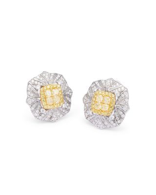Yellow & White Diamond Vintage Look Halo Stud Earrings in 14K Yellow & White Gold, 3.90 tcw