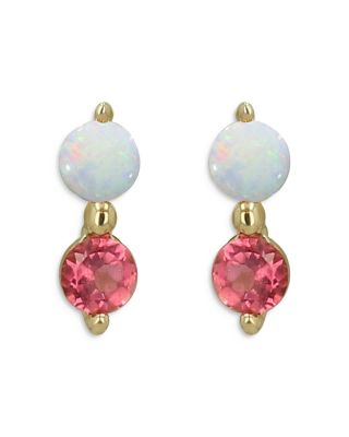 Moon & Meadow - 14K Yellow Gold Opal & Pink Tourmaline Stud Earrings