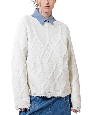 Moon River Destroyed Cable Sweater In Ivory