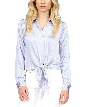 Michael Kors Pinstripe Tie Front Shirt In Blueberry