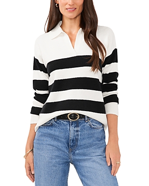 Shop Vince Camuto Striped Long Sleeve Polo Shirt In Antique White