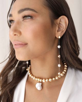 Bead & Cultured Freshwater Pearl Linear Drop Earrings in 18K Gold Plated