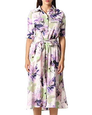 Gracia Flower Print Belted Shirt Dress In Lavender