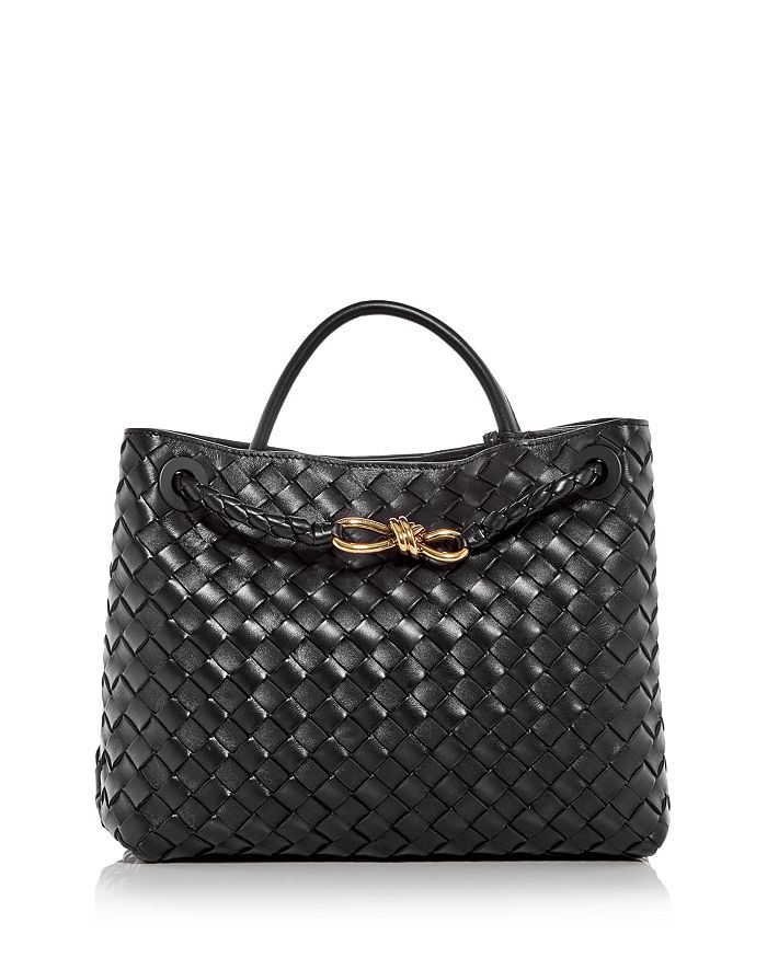 Shop Bottega Veneta Medium Andiamo Intrecciato Leather Shoulder Bag In Black/gold