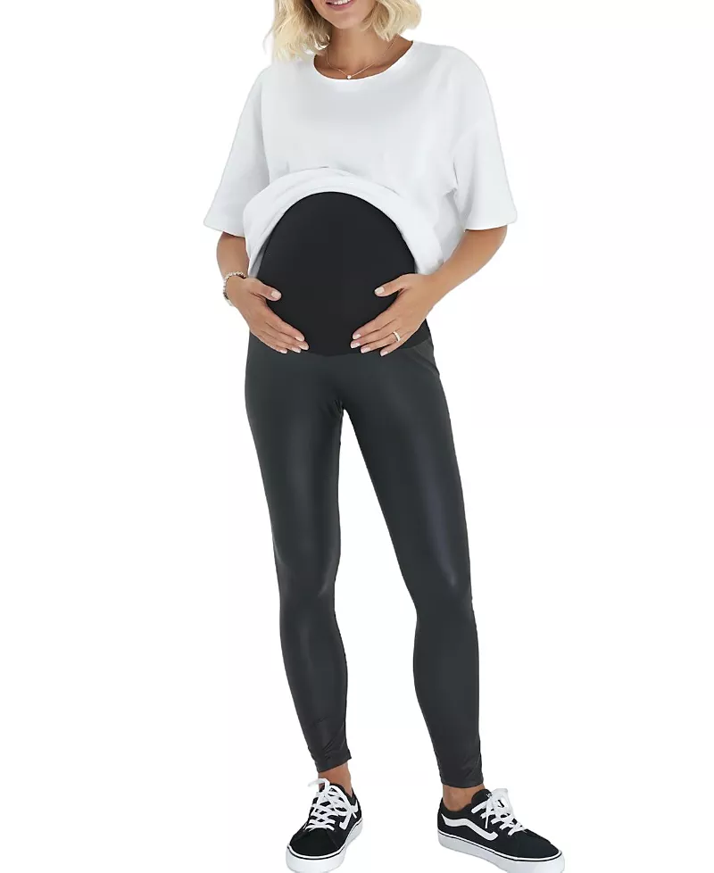 Accouchee Subtle Foldover Waistband Faux Leather Maternity Leggings