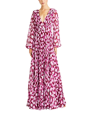 ml Monique Lhuillier Melanie Pleated Floral-print Chiffon Gown In Floral