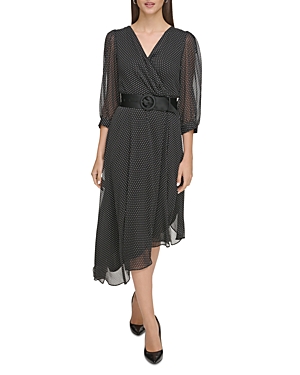 KARL LAGERFELD CHIFFON ASYMMETRIC HEM MIDI DRESS