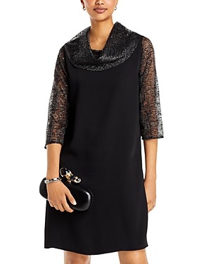 Shop Caroline Rose Sequin Mesh Embroidery Combo Dress In Black/silver