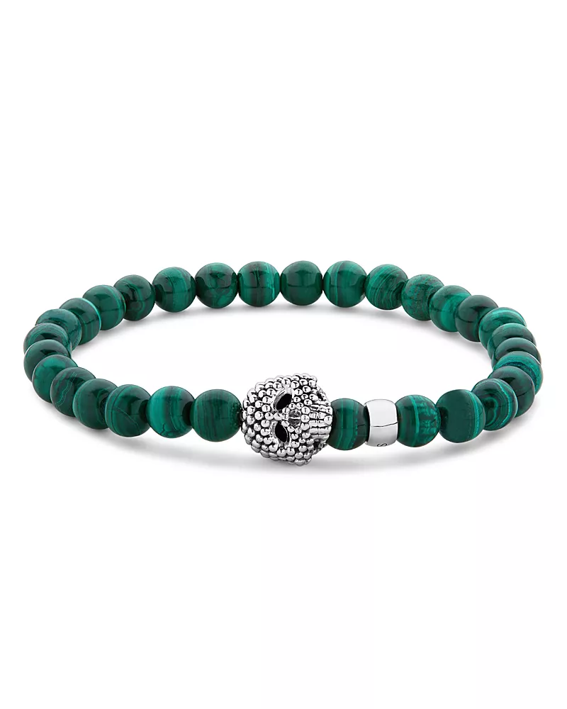 Lagos Men's Sterling Silver Anthem Malachite Bead Skull Stretch Bracelet - Exclusive
