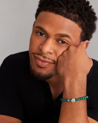 Men's Sterling Silver Anthem Malachite Bead Skull Stretch Bracelet - Exclusive