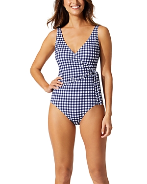 Shop Tommy Bahama Gingham Wrap Front One Piece Swimsuit In Mare Navy