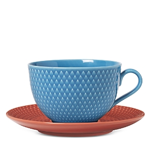 Rosendahl Lyngby Porcelain Rhombe Color Tea Cup With Matching Saucer In Blue/terracotta