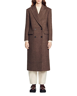 Sandro Luny Double Breasted Coat In Chocolate