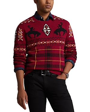 Wool Blend Chunky Knit Western Fair Isle Regular Fit Crewneck Sweater
