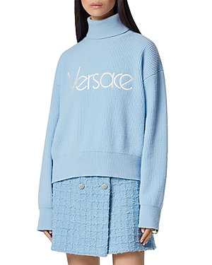Shop Versace 90's Embroidery Logo Wool Sweater In Pale Blue