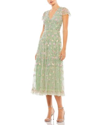 Embroidered V Neck Cap Sleeve Midi Dress