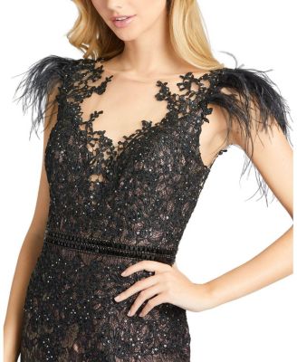 Embellished Feather Cap Sleeve Illusion Neck Trumpet Gown