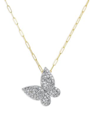 Rhodium & 14K Yellow Gold Diamond Medium Butterfly Necklace, 16-18"