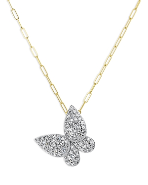 Rhodium & 14K Yellow Gold Diamond Medium Butterfly Necklace, 16-18