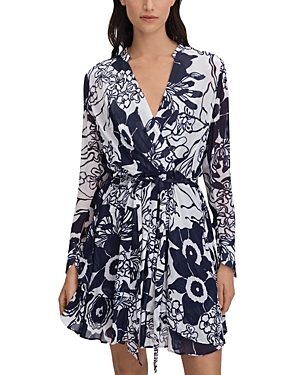 Shop Reiss Sienna Printed Wrap Dress In Navy/cream