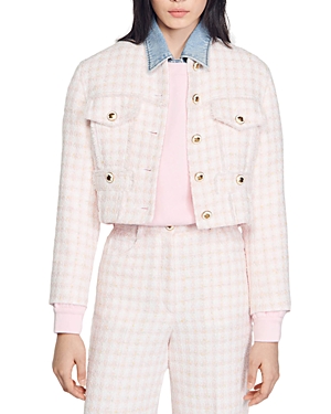 Shop Sandro Cropped Tweed Button Front Jacket In Light Pink
