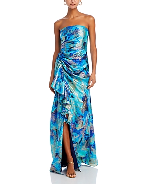 Shop Ramy Brook Carr Strapless Ruffled Gown In Spring Navy Floral