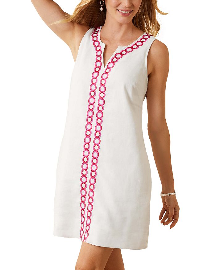 Shop Tommy Bahama Geo Embroidered Linen Shift Dress In White