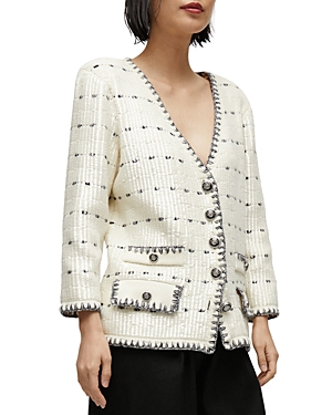 Shop Veronica Beard Ceriani Knit Jacket In Off White/navy