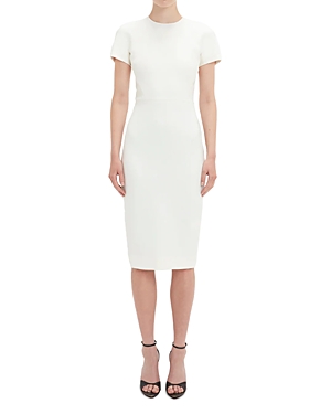 Shop Victoria Beckham Fitted Short Sleeve Back Zip Dress In Ivory